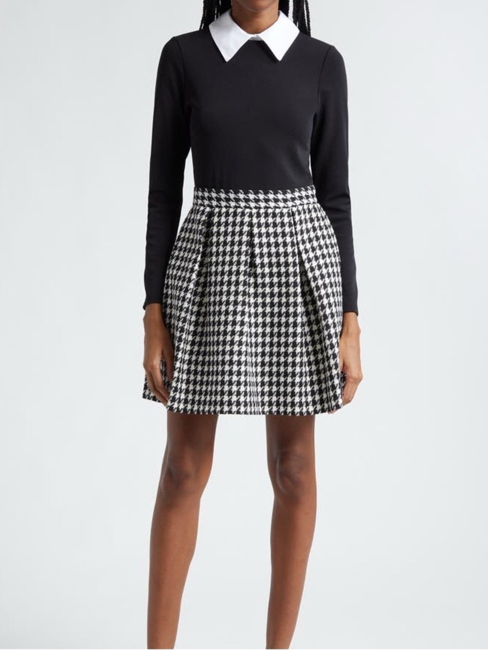 Alice + Olivia Black Dress with White Collar and Houndstooth Skirt